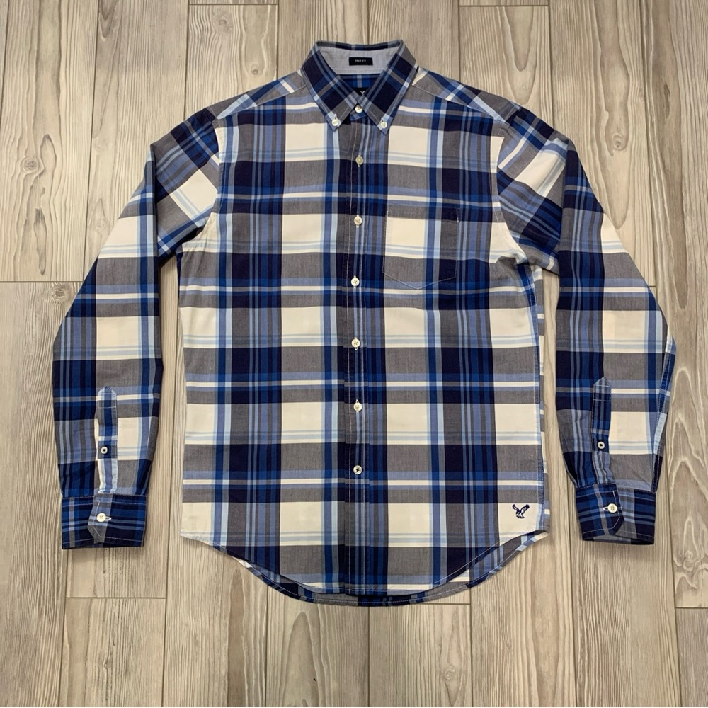 American Eagle Navy/Blue & White Plaid “Prep Fit” Flannel Shirt (Size: XSmall)